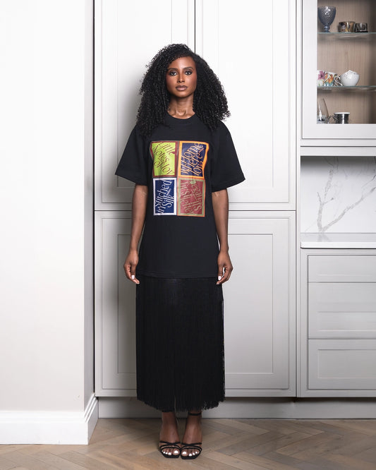 Everyday Letter Fringe Tee Dress - Black