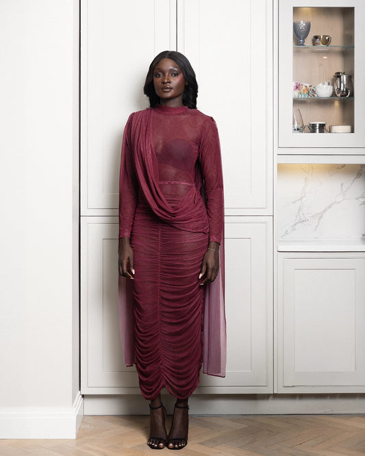 Becoming Ruched Mesh Dress with Cape